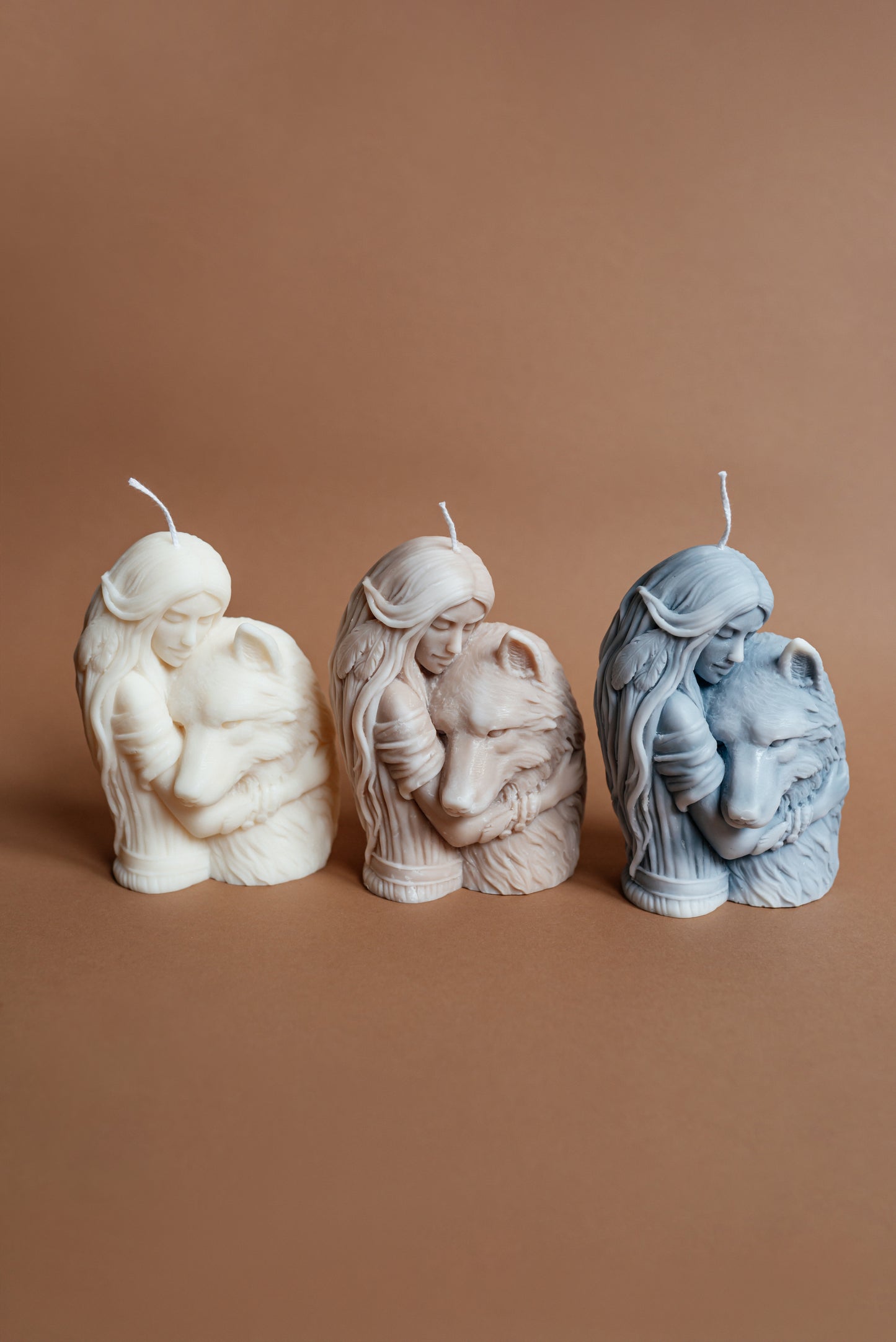 Earthy Bond: Wolf and Woman Sculpture Candle | Marble Beige