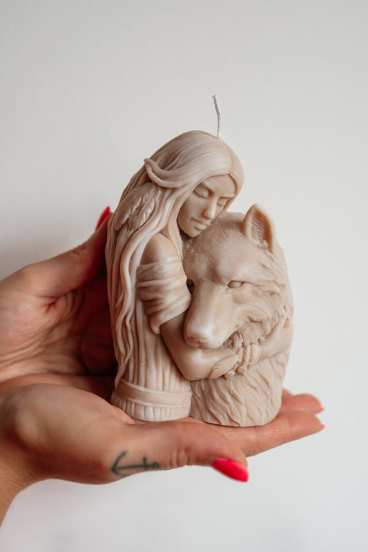 Wolf and Woman Soy Wax Candle Sculpture: Spirit Animal Decor