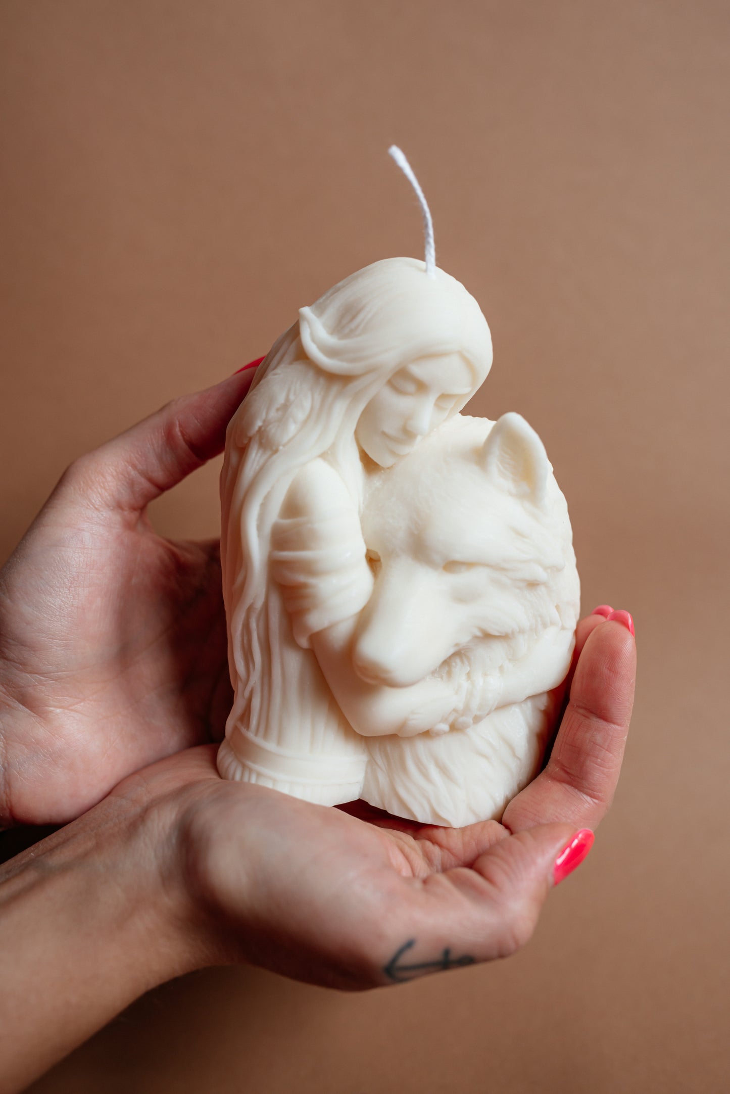 Wolf and Woman Soy Wax Candle Sculpture: Spirit Animal Decor