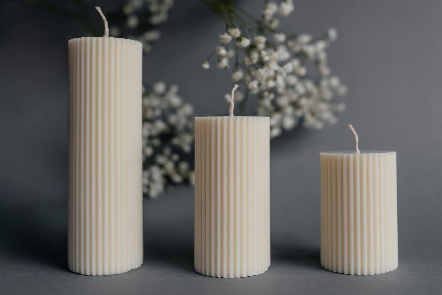 Set of 3 Ribbed Pillar Candles | Ivory Soy Wax Home Decor