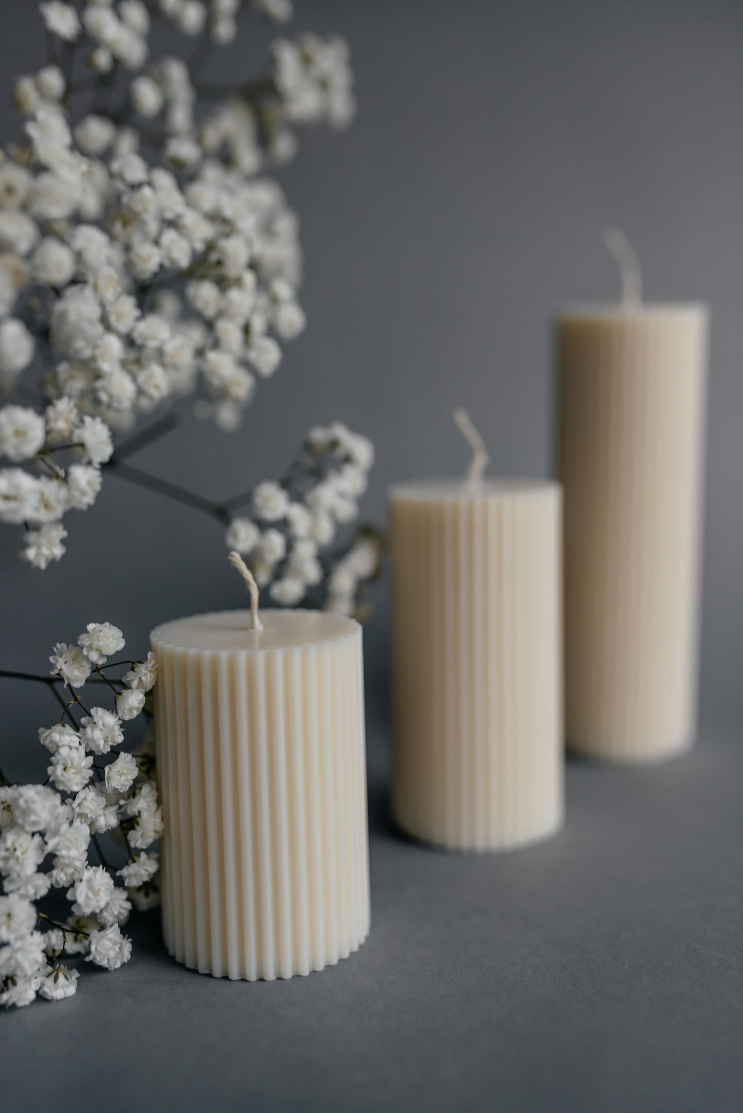 Set of 3 Ribbed Pillar Candles | Ivory Soy Wax Home Decor