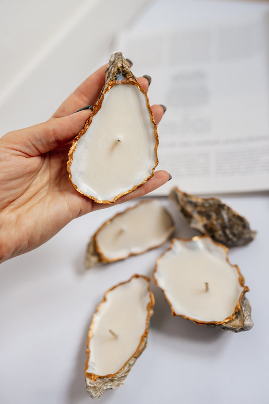 Gold Oyster Shell Candle Set: Handmade Soy Wax Coastal Decor