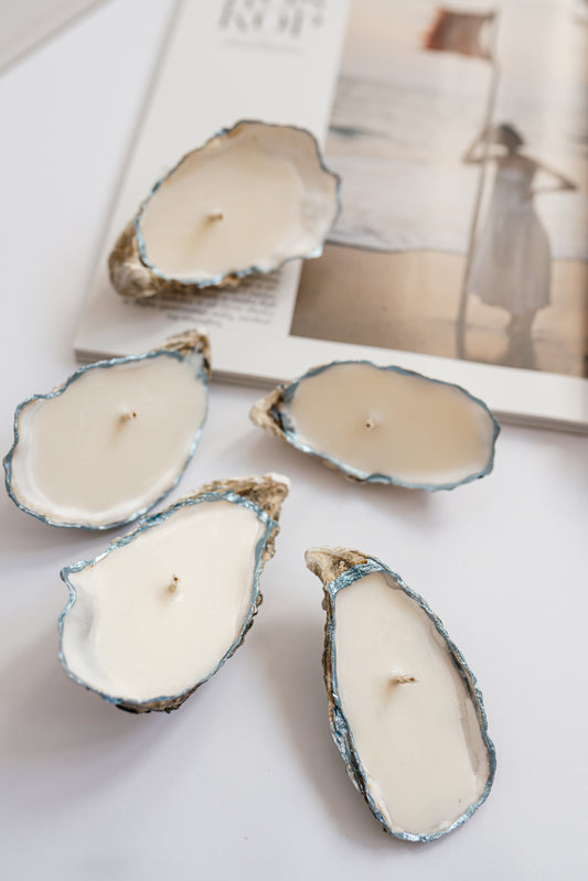 Blue Oyster Shell Candle Set: Unscented Soy Wax, Coastal Decor