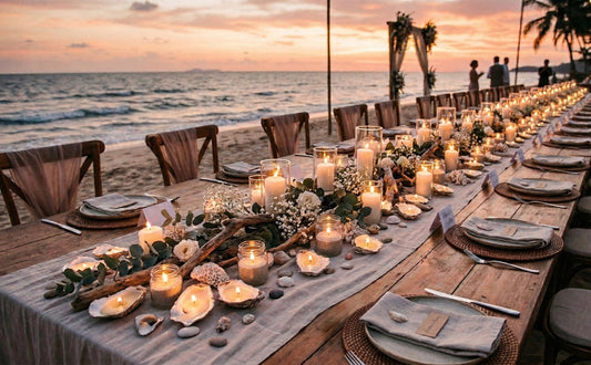 Enchanting coastal wedding reception tablescape on a beach at sunset, featuring a long wooden table adorned with lit oyster shell candles, glass votives, driftwood, eucalyptus, and white flowers. Silhouetted people and a rustic arch in the background.