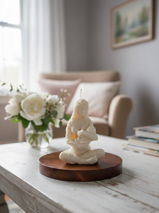 A soy candle in the form of the goddess Gaia nursing her baby.