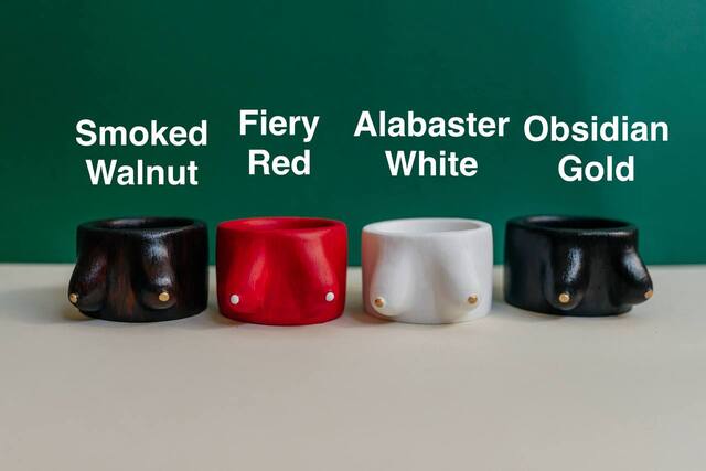 Color menu and Custom options for plaster breast tealight holders: Smoked Walnut, Fiery Red, Alabaster White, Obsidian Gold.