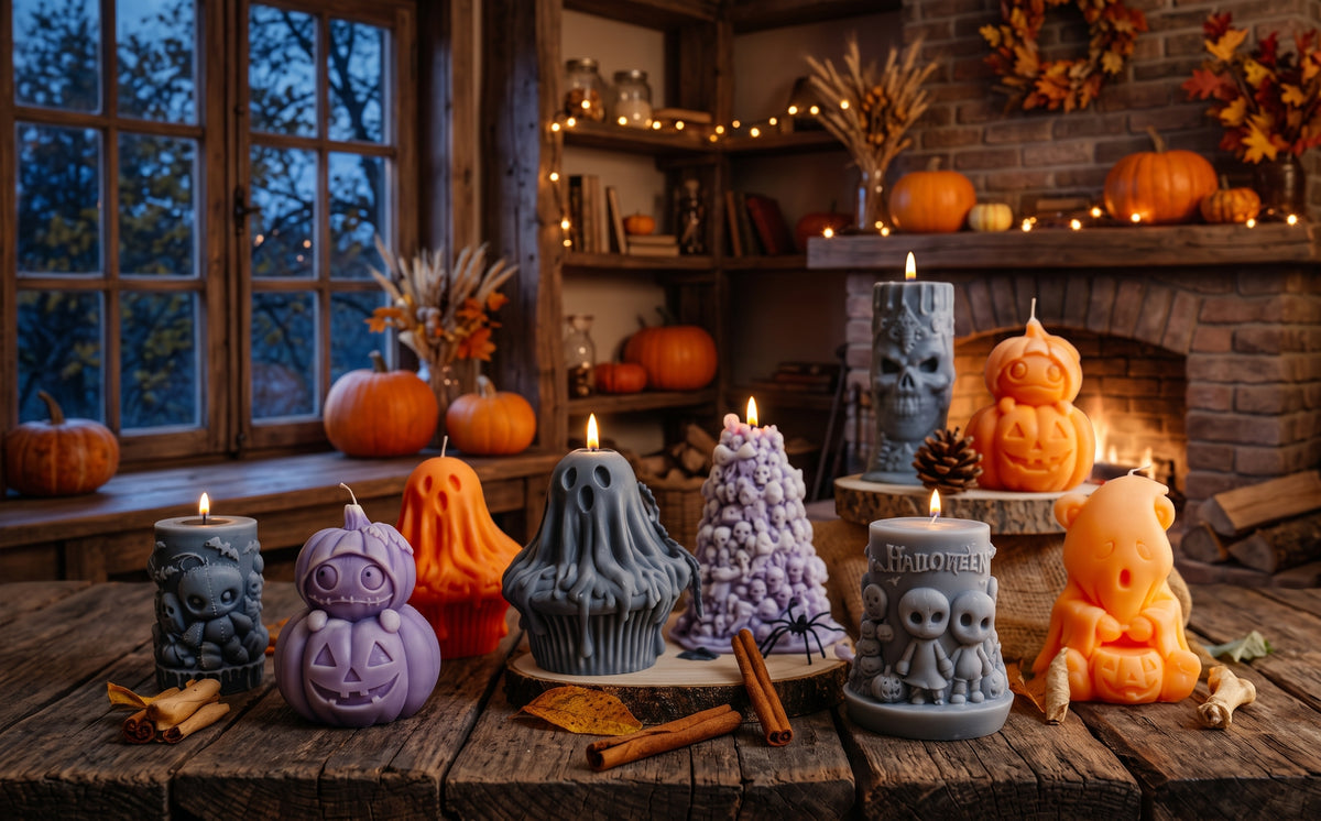 Group of lit and unlit handmade Halloween soy candles including ghosts and skull pillars on a rustic wooden table by the window.