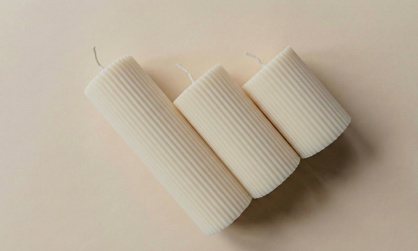 Set of 3 Ribbed Pillar Candles | Ivory Soy Wax Home Decor