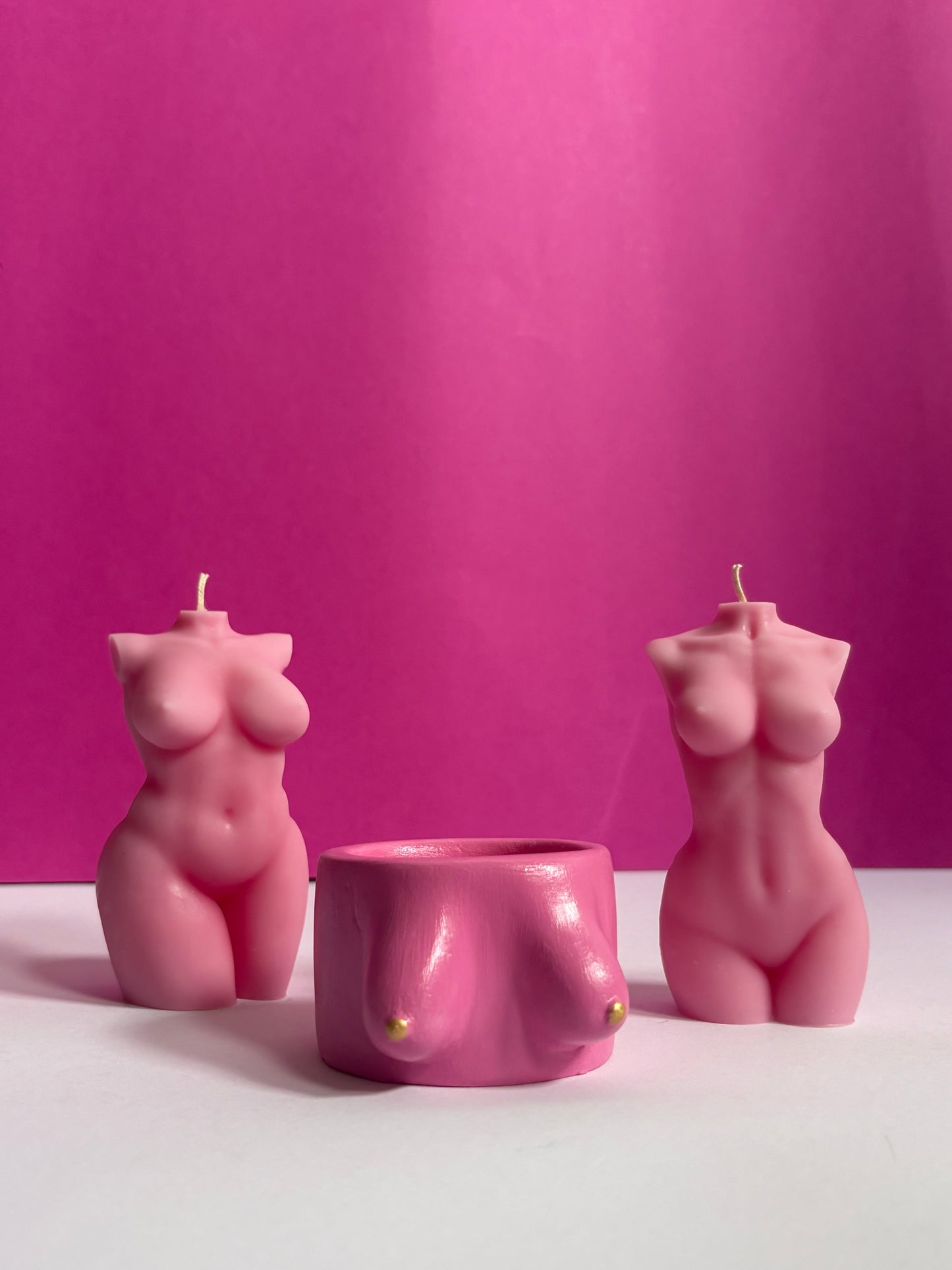 Pink Breast Cancer Soy Candle and Gypsum Boob Candle Holder Set for Women.