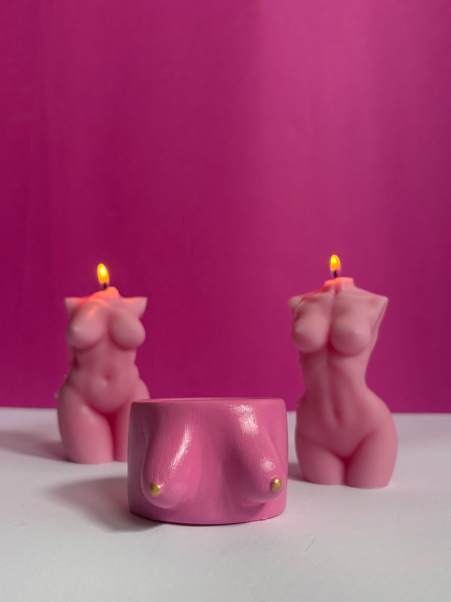 Pink Breast Cancer Soy Candle and Gypsum Boob Candle Holder Set for Women.