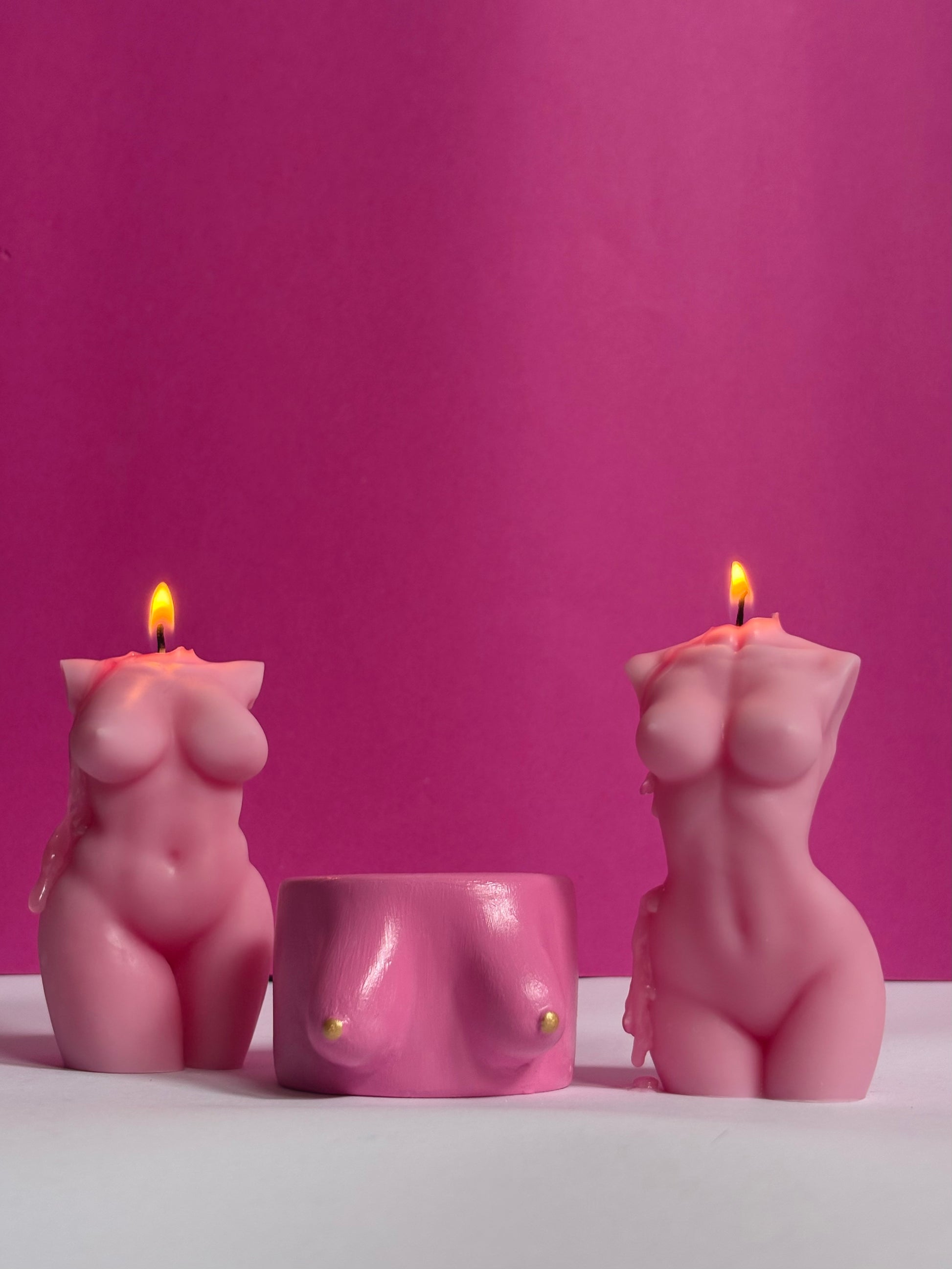 Pink Breast Cancer Soy Candle and Gypsum Boob Candle Holder Set for Women.