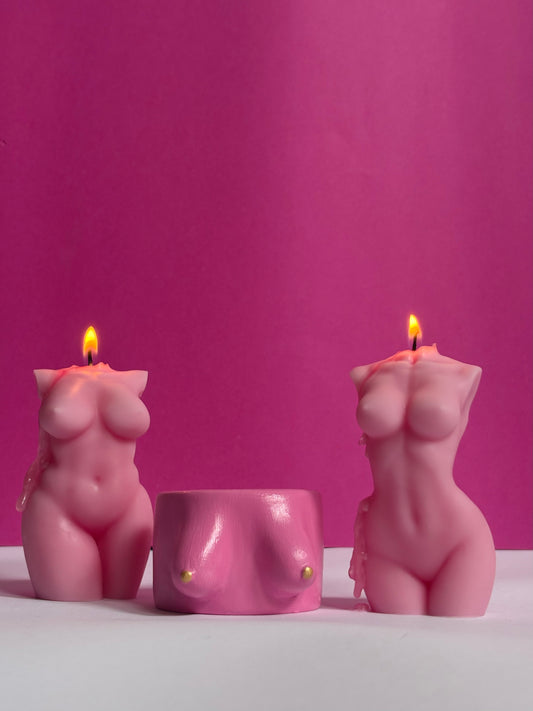 Pink Breast Cancer Soy Candle and Gypsum Boob Candle Holder Set for Women.