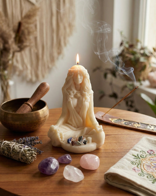 Divine Feminine goddess soy wax candle on a wooden table with crystals and incense smoke.