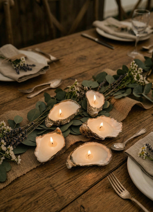 Silver Oyster Shell Candle Set: Minimalist Soy Wax, Unscented Decor