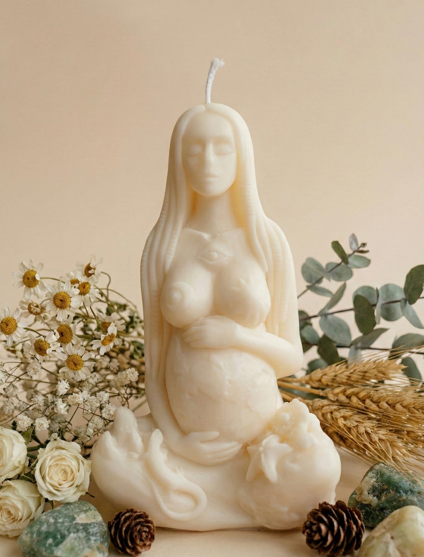 Ivory Gaia Mother Earth pregnant goddess sculpture candle with flowers