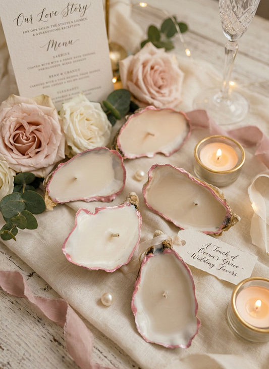 Summer Beach Candle Favor, Genuine Oyster Shell Soy Wax Candles with Pink Edge, Eco-Friendly Favor for Beach Wedding / Summer Party