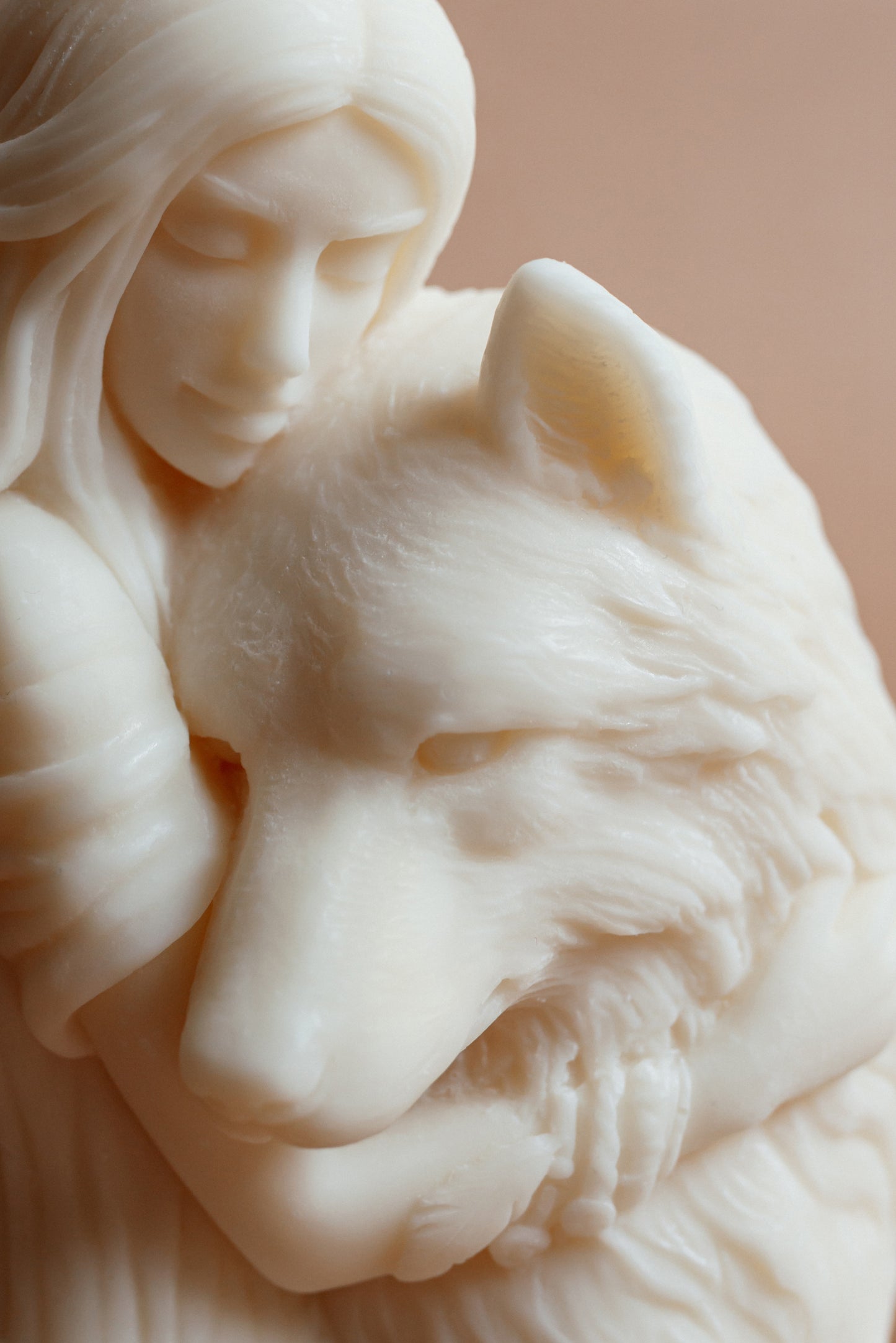 Timeless Unity: Wolf and Woman Sculpture Candle | Classic Ivory