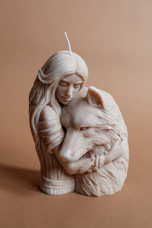 Earthy Bond: Wolf and Woman Sculpture Candle | Marble Beige