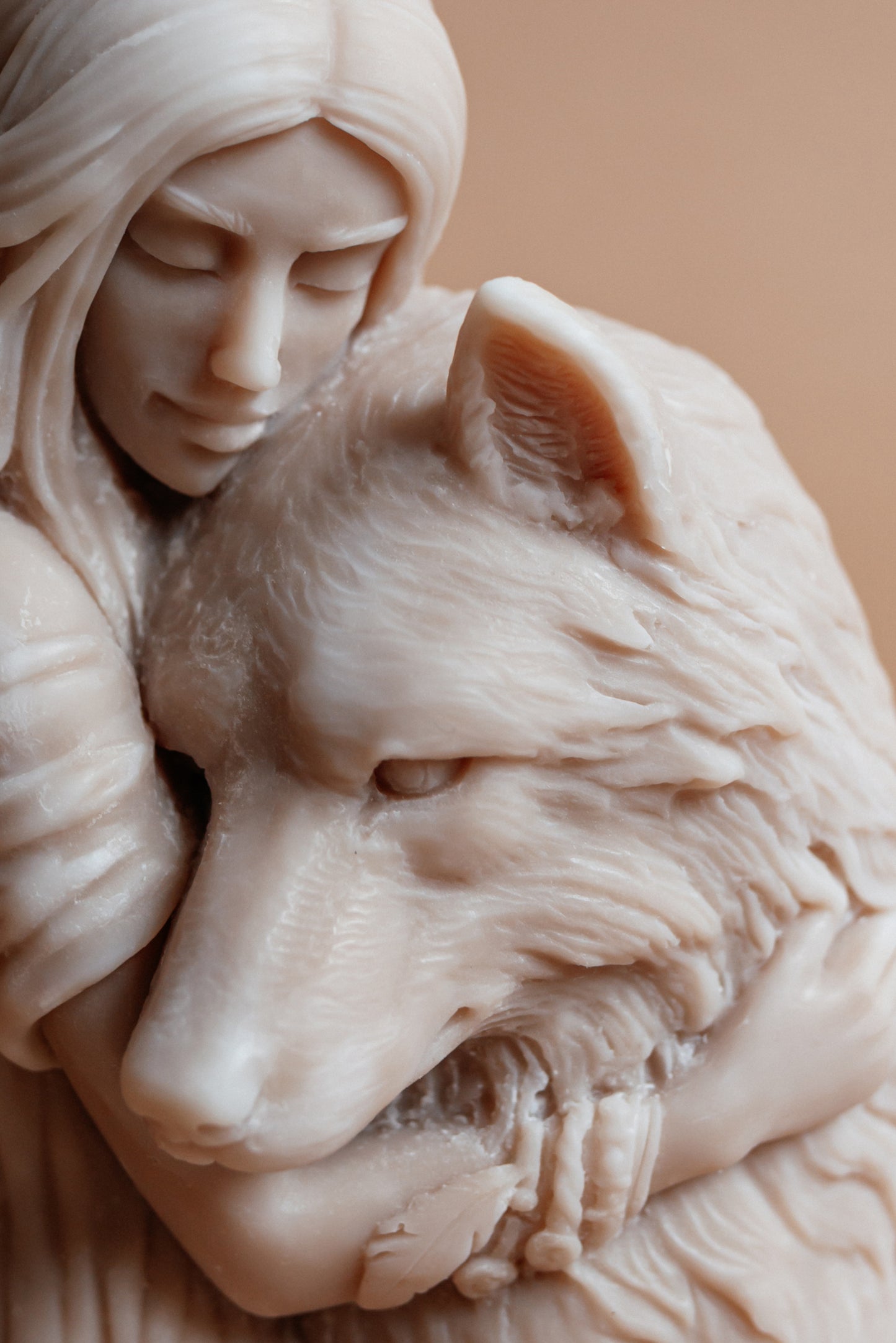 Earthy Bond: Wolf and Woman Sculpture Candle | Marble Beige