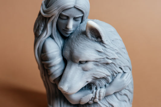 Guardian Spirit: Wolf and Woman Sculpture Candle | Marble Grey