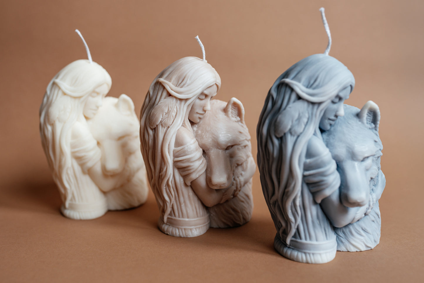 Wolf and Woman Soy Wax Candle Sculpture: Spirit Animal Decor