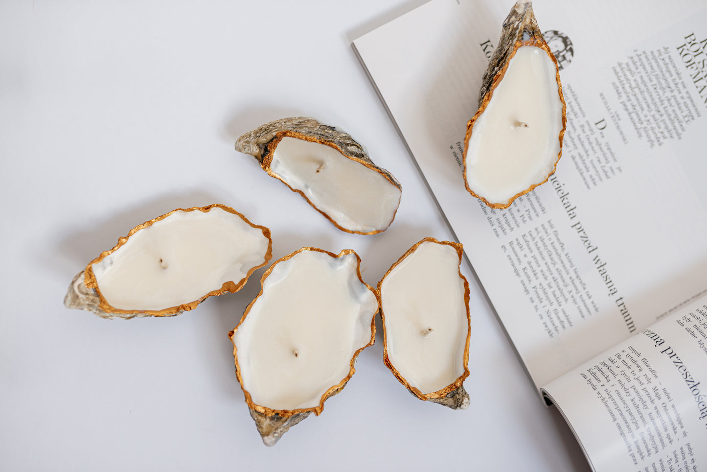 Gold Oyster Shell Candle Set: Handmade Soy Wax Coastal Decor