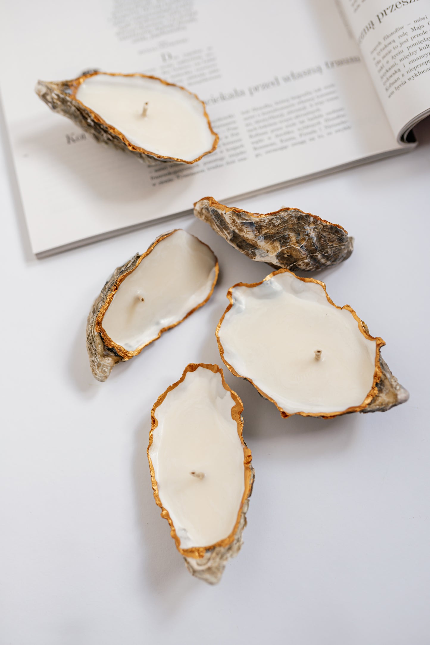 Gold Oyster Shell Candle Set: Handmade Soy Wax Coastal Decor